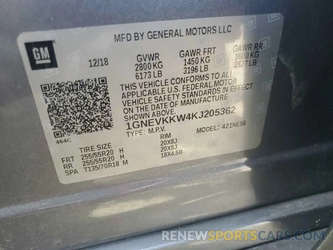 13 Photograph of a damaged car 1GNEVKKW4KJ205362 CHEVROLET TRAVERSE 2019