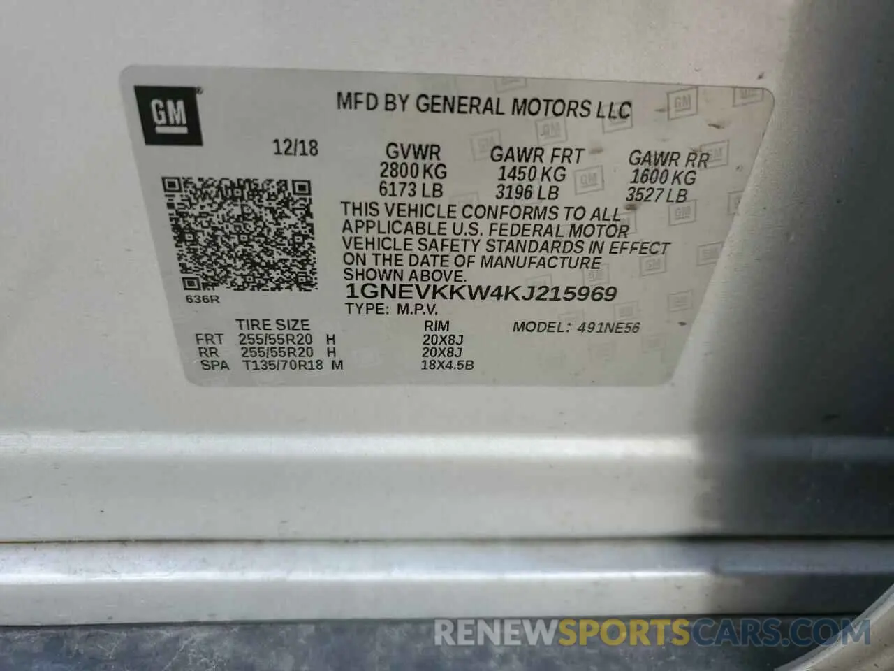 13 Photograph of a damaged car 1GNEVKKW4KJ215969 CHEVROLET TRAVERSE 2019
