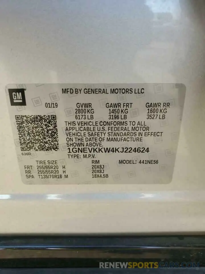 13 Photograph of a damaged car 1GNEVKKW4KJ224624 CHEVROLET TRAVERSE 2019