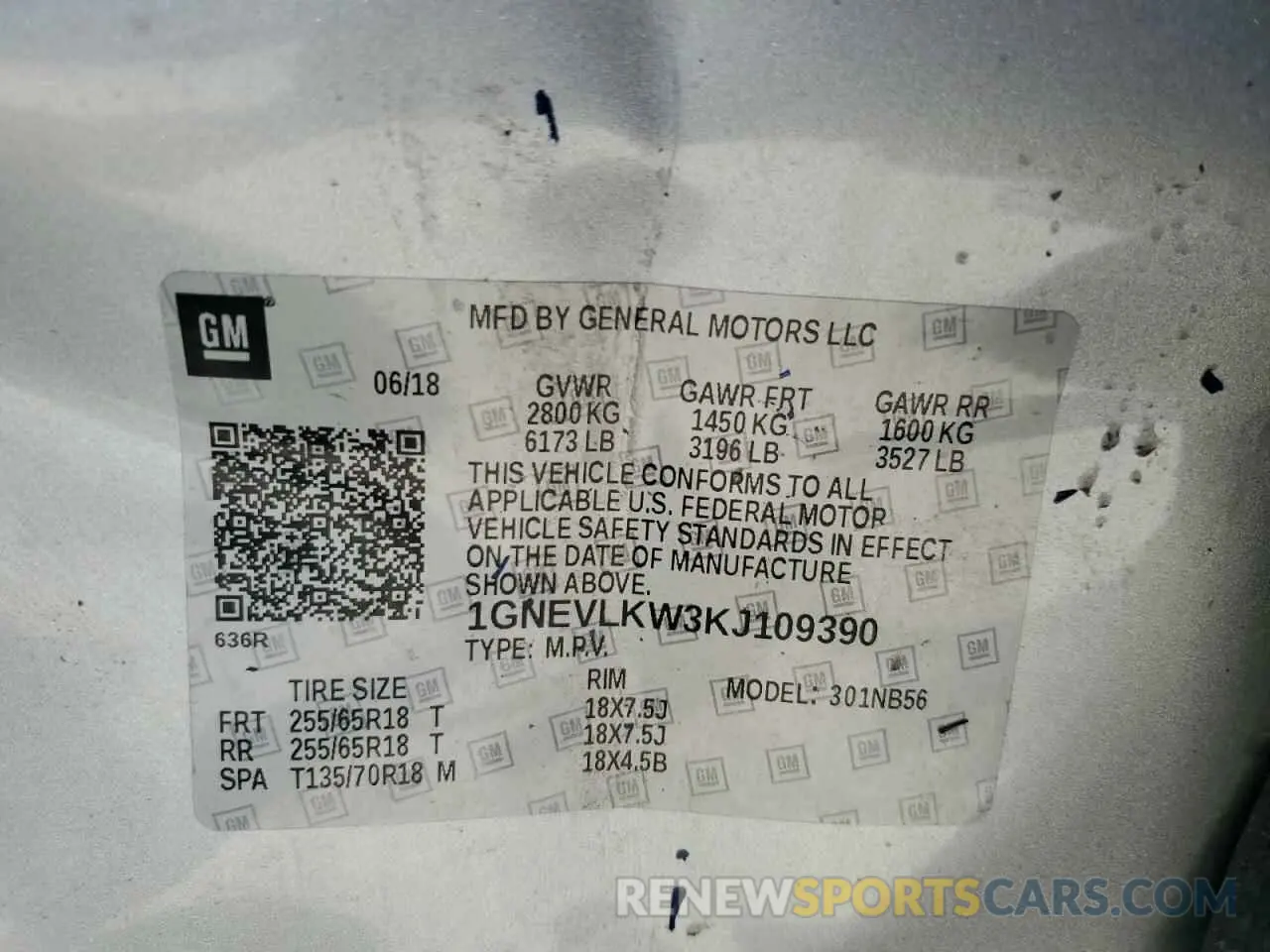 13 Photograph of a damaged car 1GNEVLKW3KJ109390 CHEVROLET TRAVERSE 2019
