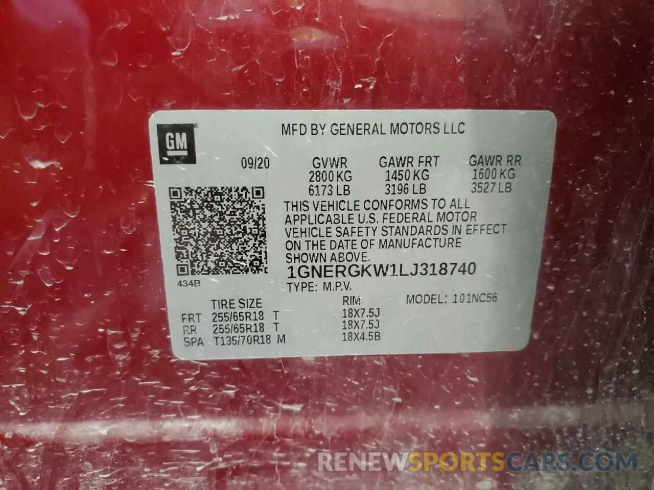 13 Photograph of a damaged car 1GNERGKW1LJ318740 CHEVROLET TRAVERSE 2020