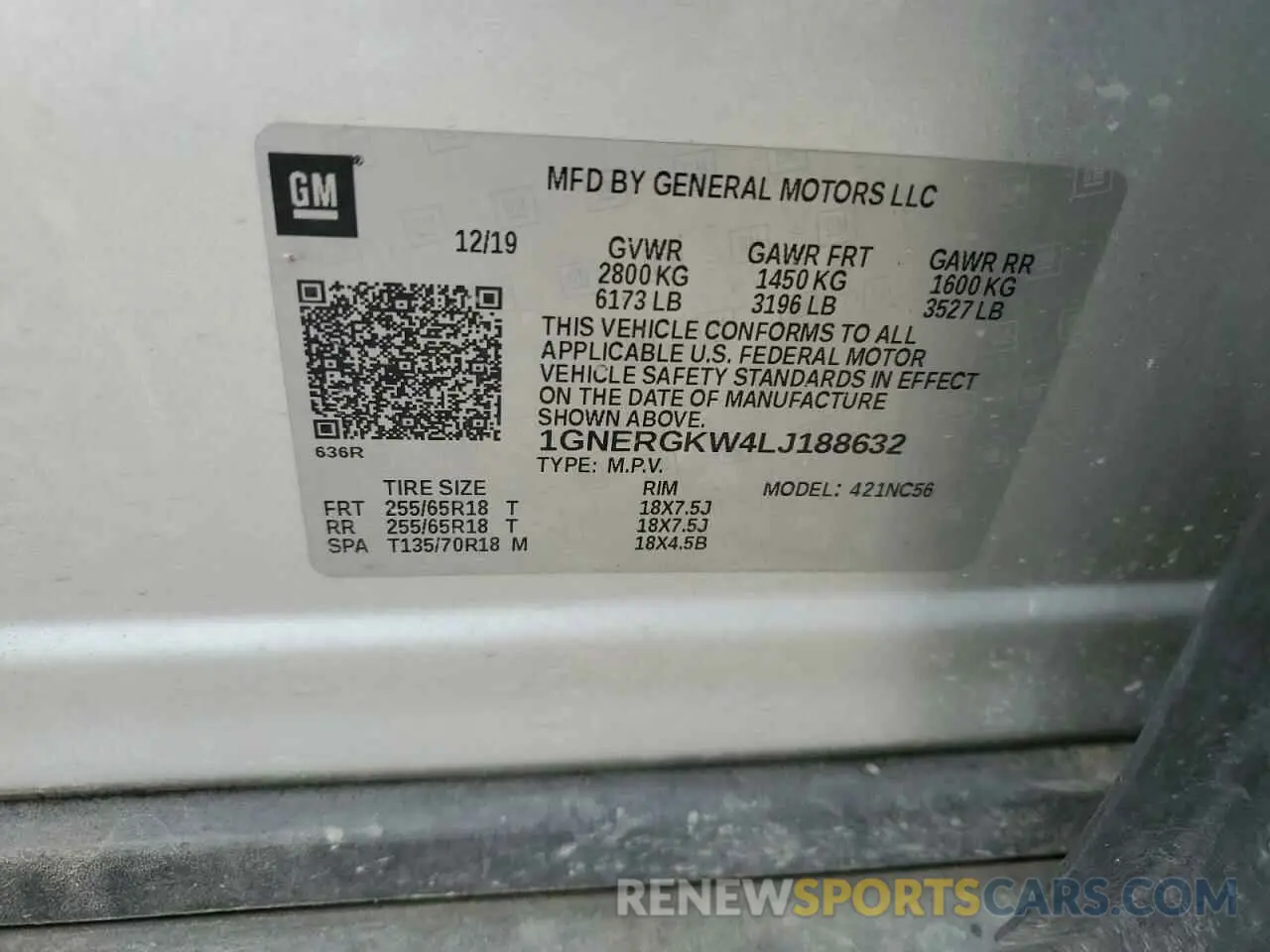 13 Photograph of a damaged car 1GNERGKW4LJ188632 CHEVROLET TRAVERSE 2020