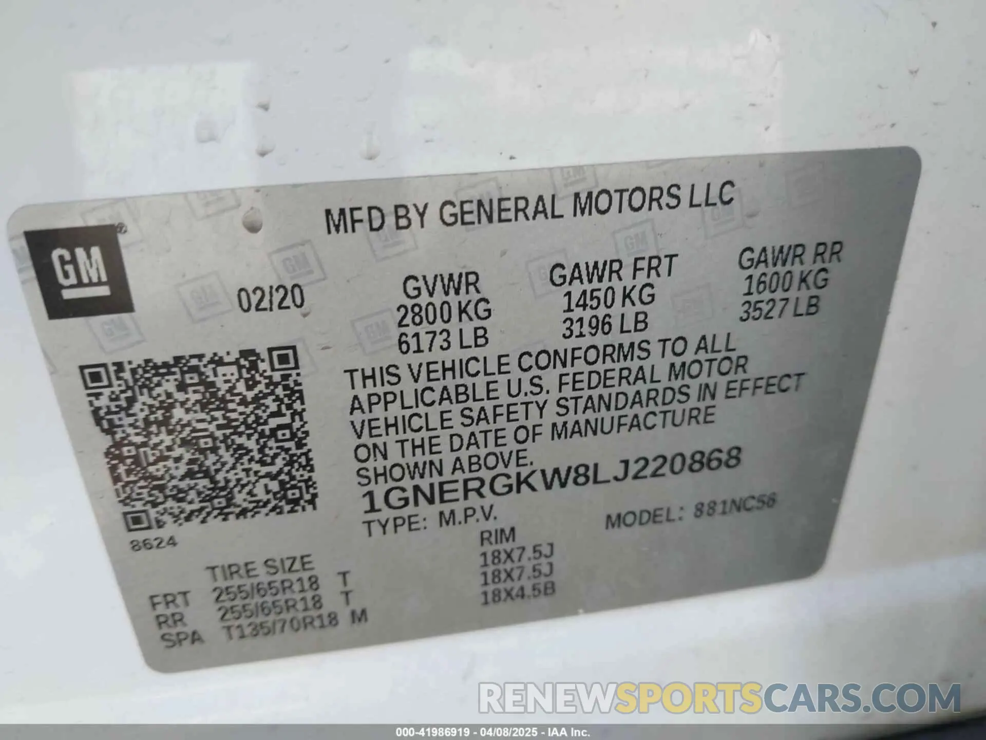 9 Photograph of a damaged car 1GNERGKW8LJ220868 CHEVROLET TRAVERSE 2020