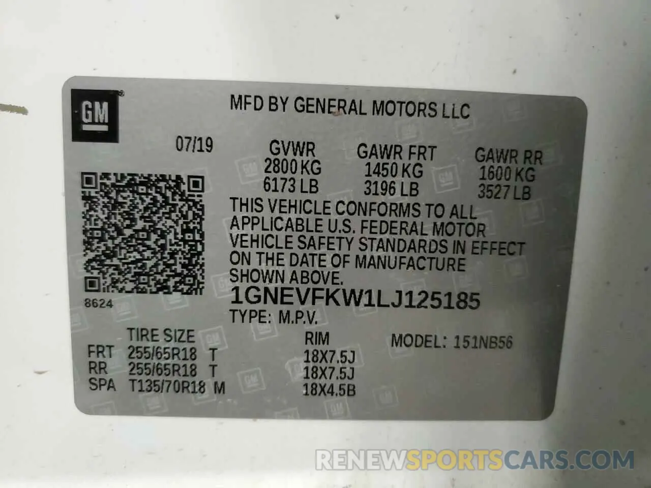 14 Photograph of a damaged car 1GNEVFKW1LJ125185 CHEVROLET TRAVERSE 2020