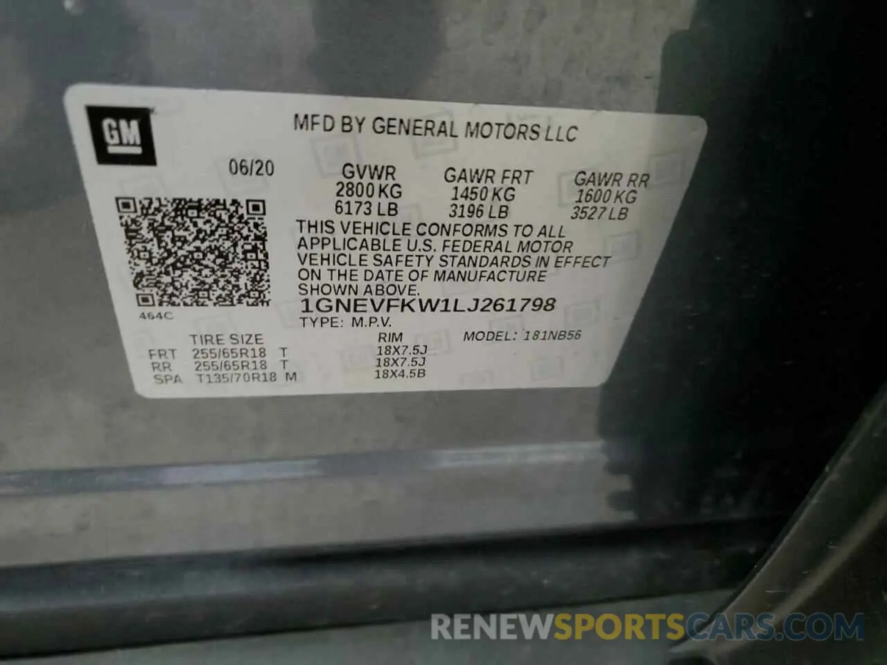 13 Photograph of a damaged car 1GNEVFKW1LJ261798 CHEVROLET TRAVERSE 2020