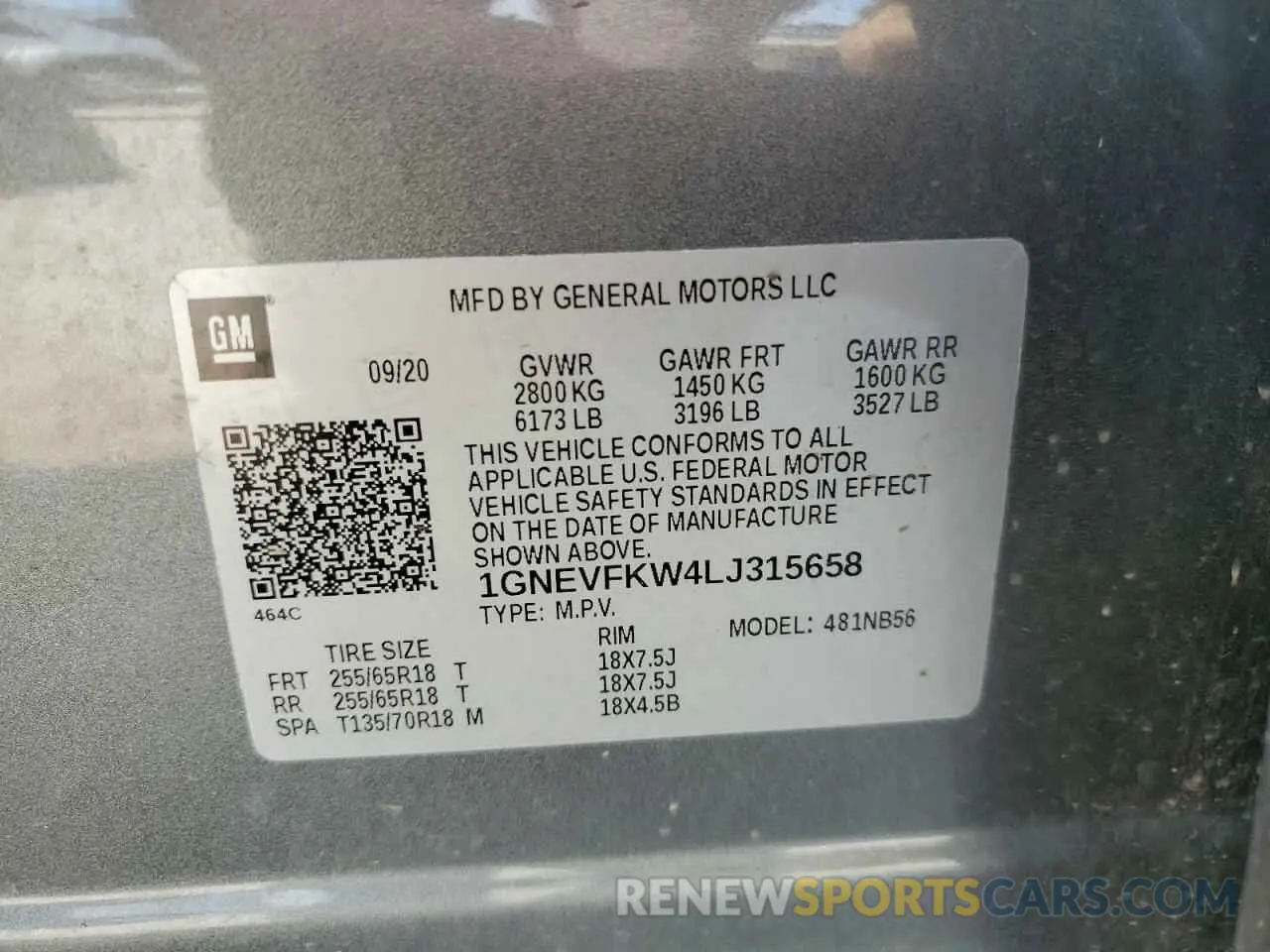 13 Photograph of a damaged car 1GNEVFKW4LJ315658 CHEVROLET TRAVERSE 2020