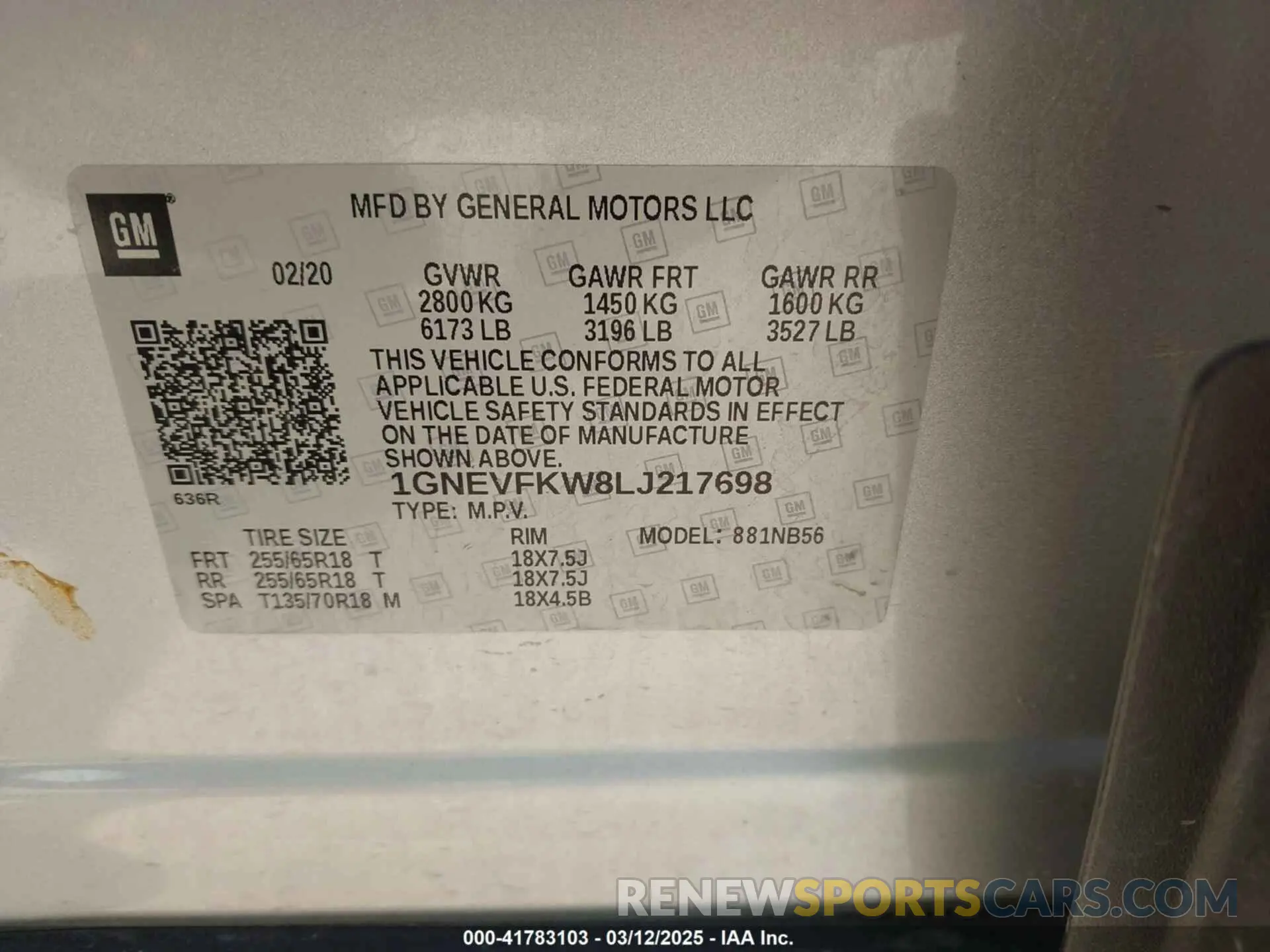 9 Photograph of a damaged car 1GNEVFKW8LJ217698 CHEVROLET TRAVERSE 2020