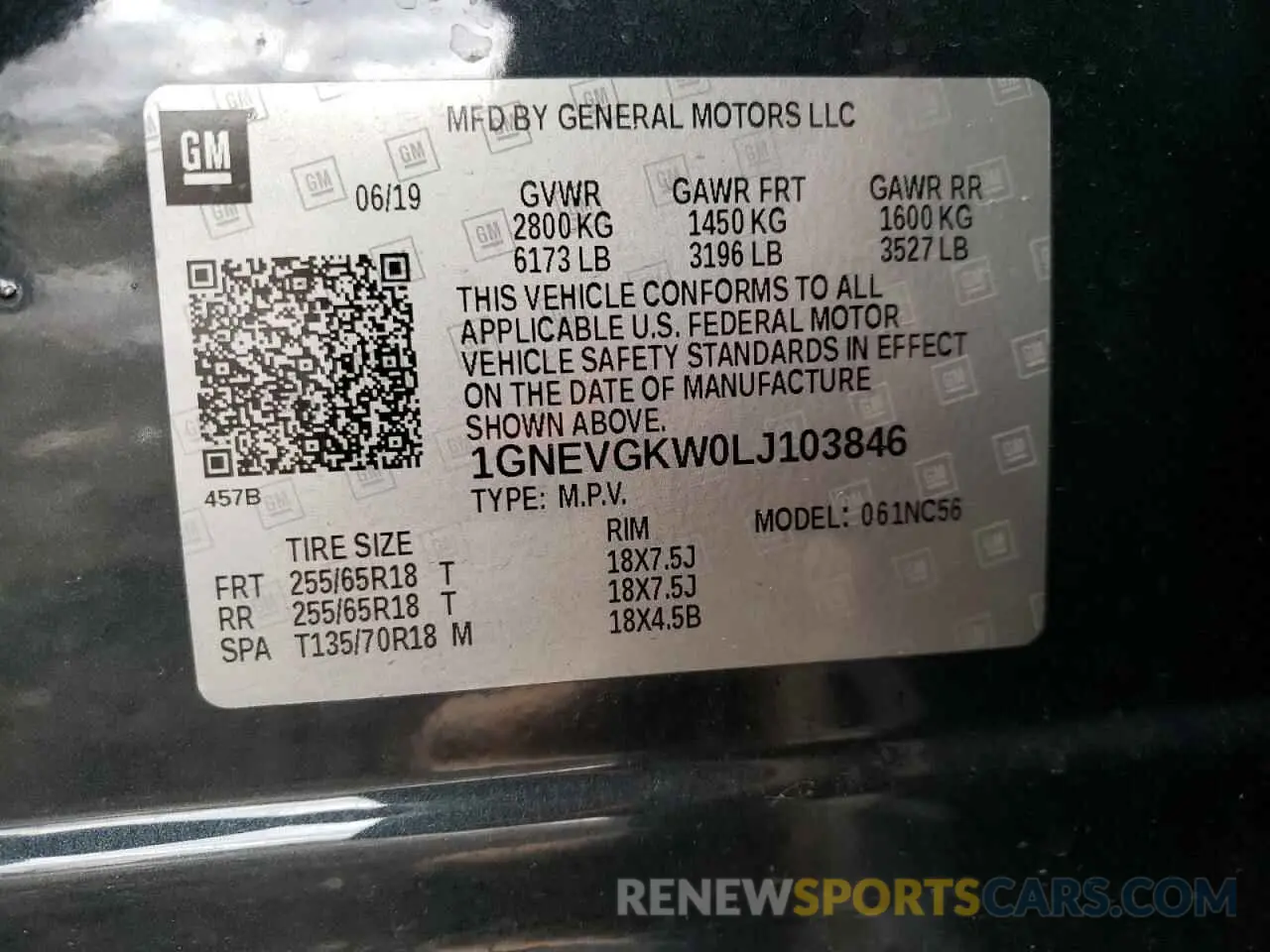 13 Photograph of a damaged car 1GNEVGKW0LJ103846 CHEVROLET TRAVERSE 2020