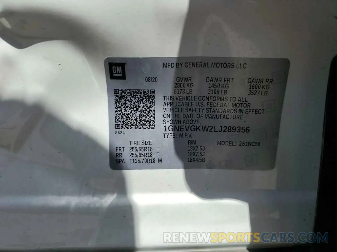 13 Photograph of a damaged car 1GNEVGKW2LJ289356 CHEVROLET TRAVERSE 2020