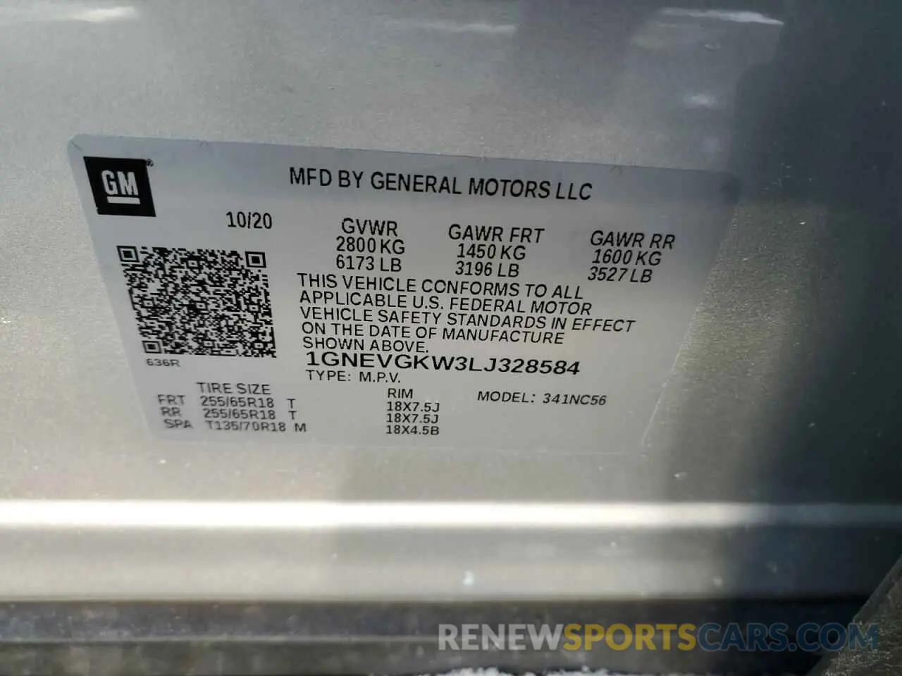 13 Photograph of a damaged car 1GNEVGKW3LJ328584 CHEVROLET TRAVERSE 2020
