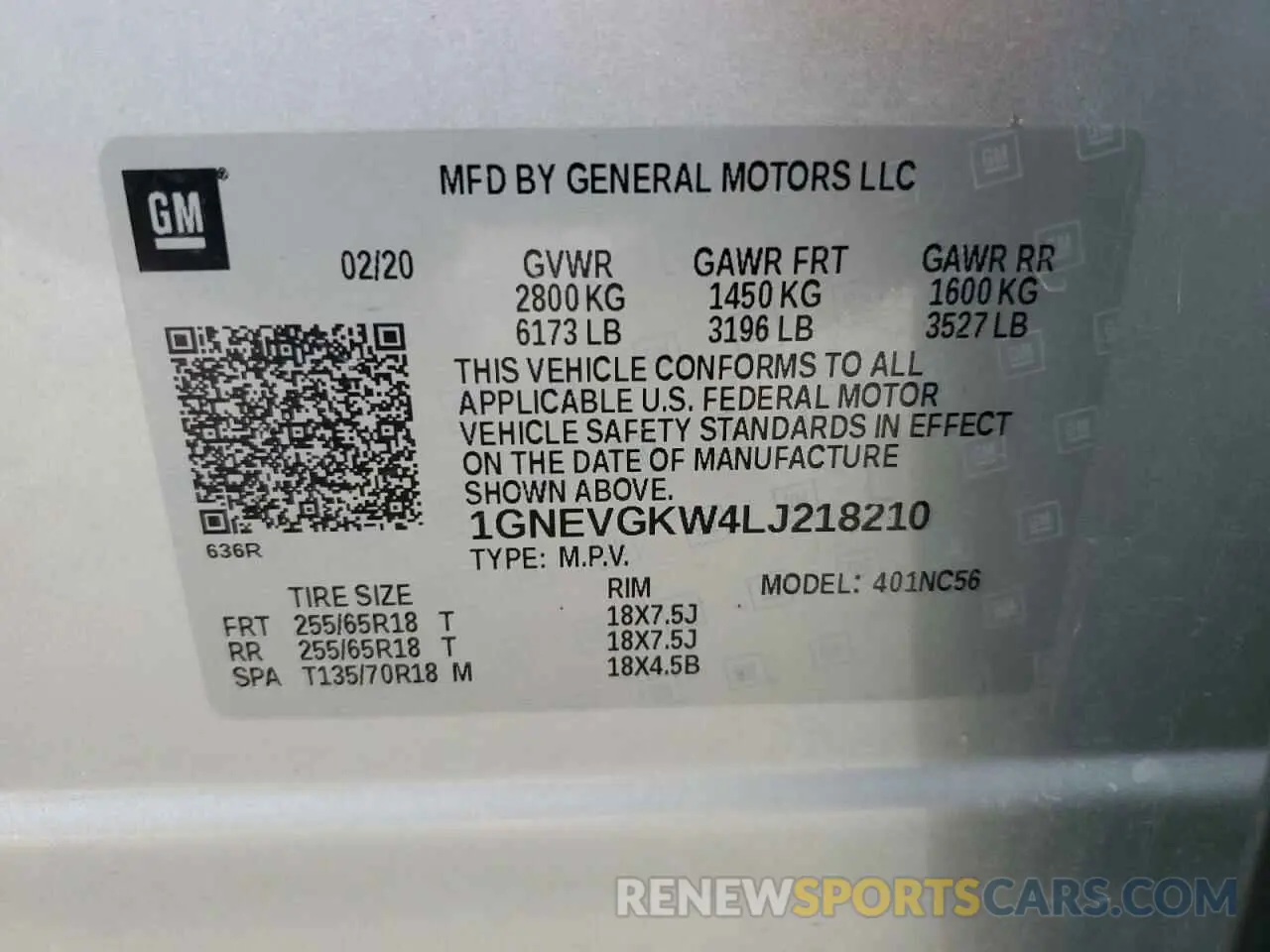 13 Photograph of a damaged car 1GNEVGKW4LJ218210 CHEVROLET TRAVERSE 2020