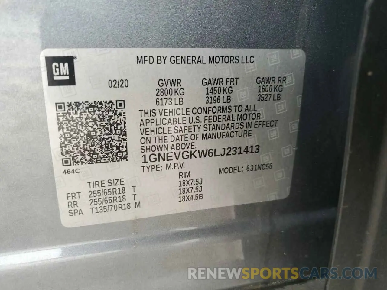 13 Photograph of a damaged car 1GNEVGKW6LJ231413 CHEVROLET TRAVERSE 2020