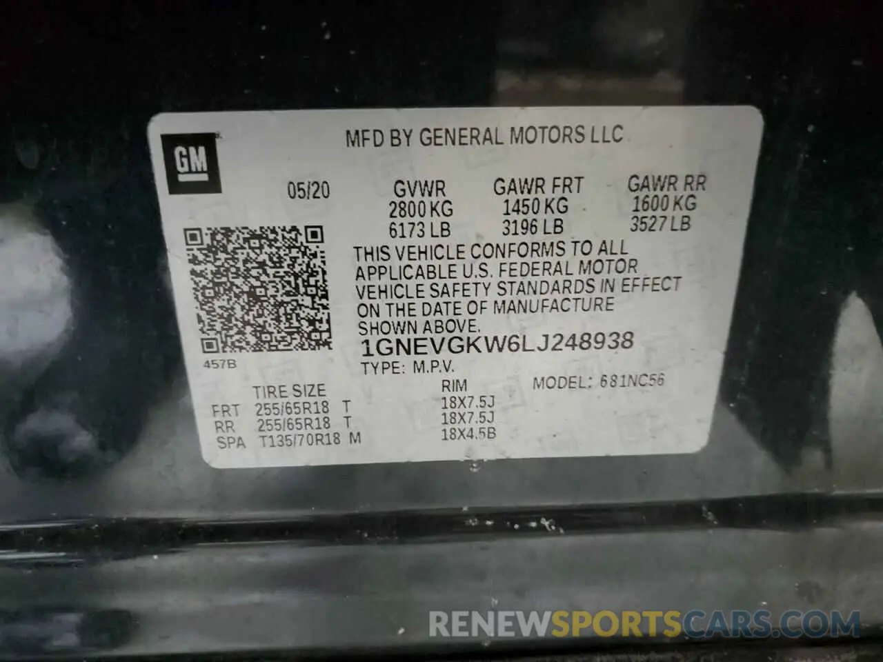 13 Photograph of a damaged car 1GNEVGKW6LJ248938 CHEVROLET TRAVERSE 2020