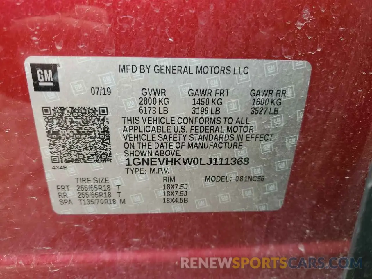 14 Photograph of a damaged car 1GNEVHKW0LJ111368 CHEVROLET TRAVERSE 2020