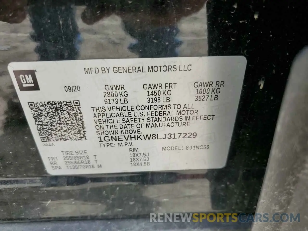 13 Photograph of a damaged car 1GNEVHKW8LJ317229 CHEVROLET TRAVERSE 2020
