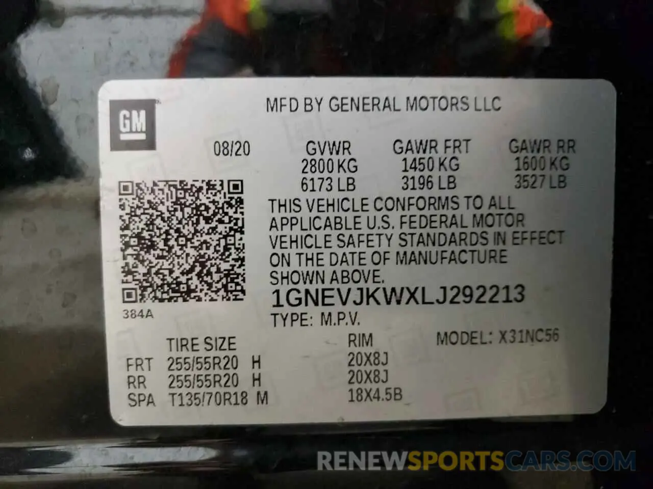 14 Photograph of a damaged car 1GNEVJKWXLJ292213 CHEVROLET TRAVERSE 2020