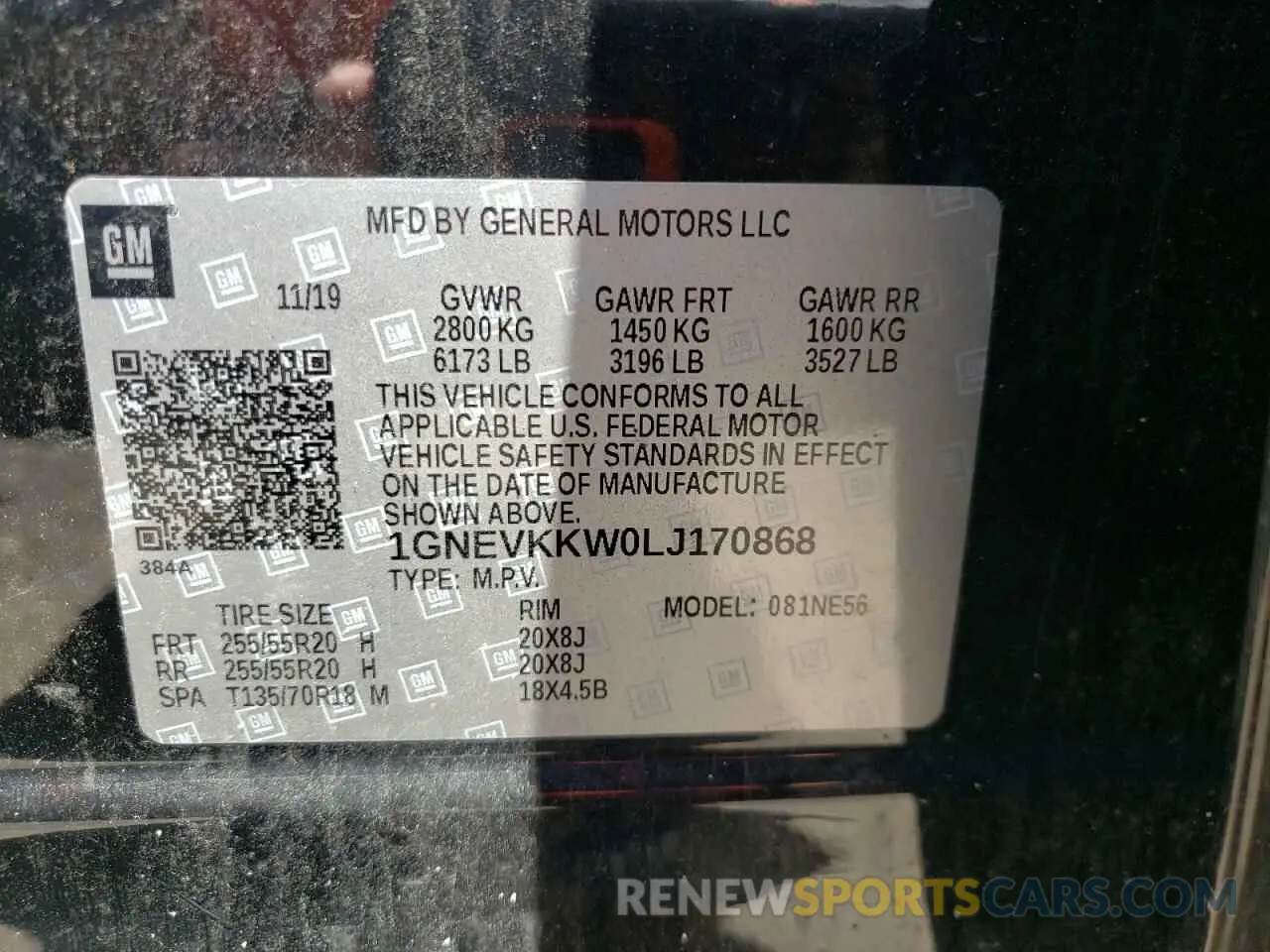 13 Photograph of a damaged car 1GNEVKKW0LJ170868 CHEVROLET TRAVERSE 2020