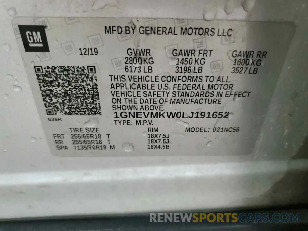 13 Photograph of a damaged car 1GNEVMKW0LJ191652 CHEVROLET TRAVERSE 2020