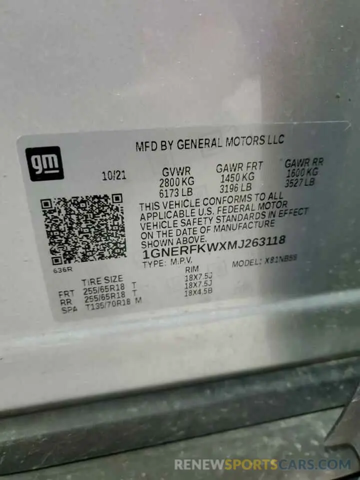 13 Photograph of a damaged car 1GNERFKWXMJ263118 CHEVROLET TRAVERSE 2021