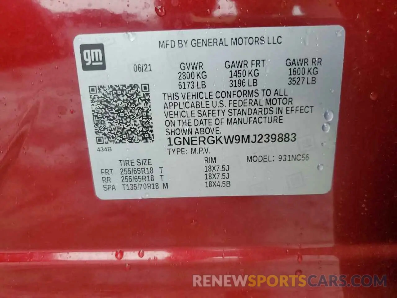 13 Photograph of a damaged car 1GNERGKW9MJ239883 CHEVROLET TRAVERSE 2021