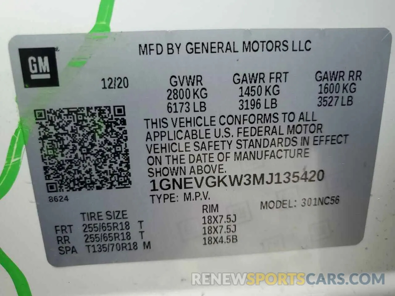 14 Photograph of a damaged car 1GNEVGKW3MJ135420 CHEVROLET TRAVERSE 2021