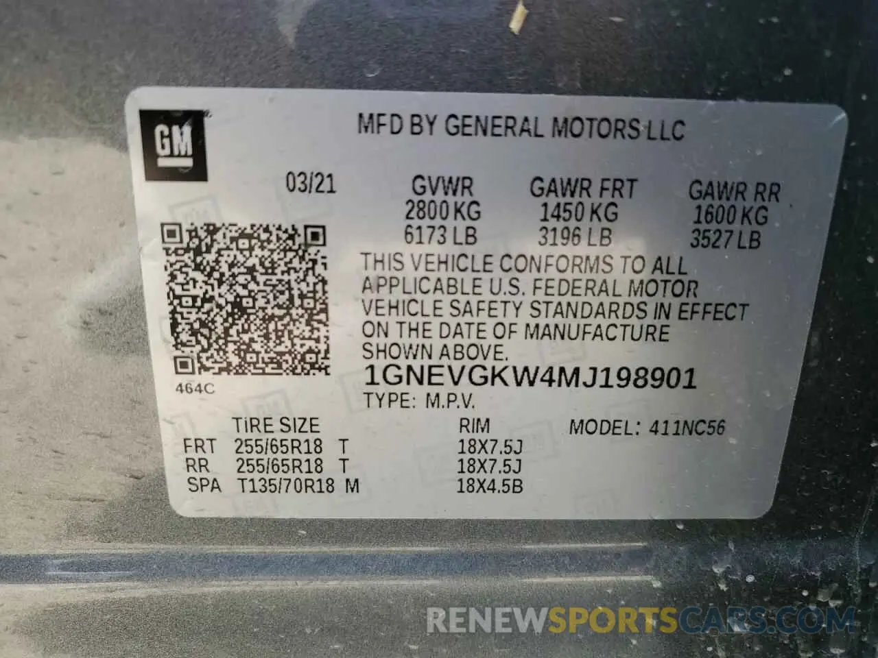 14 Photograph of a damaged car 1GNEVGKW4MJ198901 CHEVROLET TRAVERSE 2021
