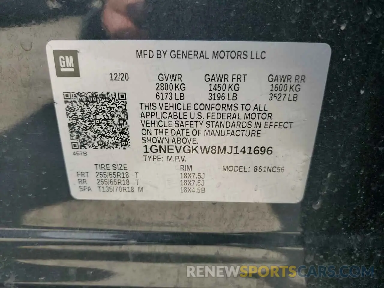 13 Photograph of a damaged car 1GNEVGKW8MJ141696 CHEVROLET TRAVERSE 2021
