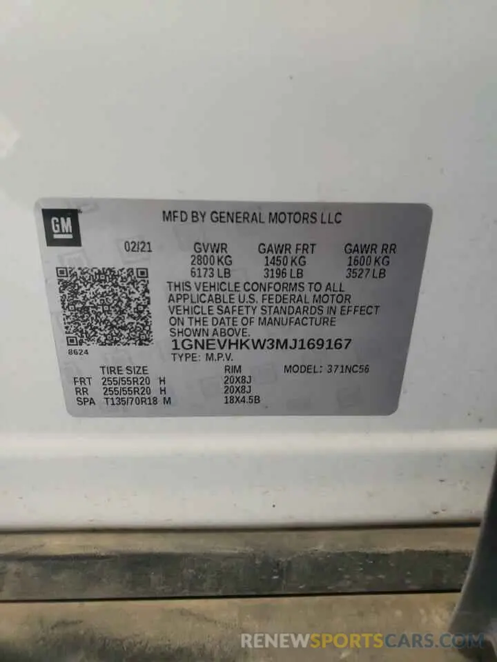 13 Photograph of a damaged car 1GNEVHKW3MJ169167 CHEVROLET TRAVERSE 2021