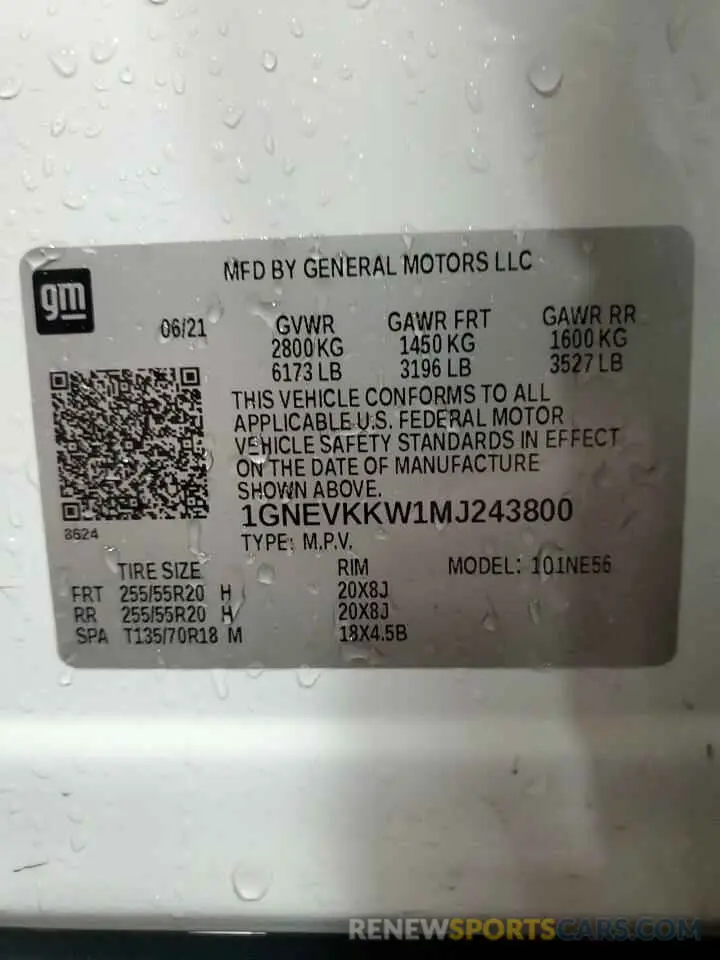 14 Photograph of a damaged car 1GNEVKKW1MJ243800 CHEVROLET TRAVERSE 2021