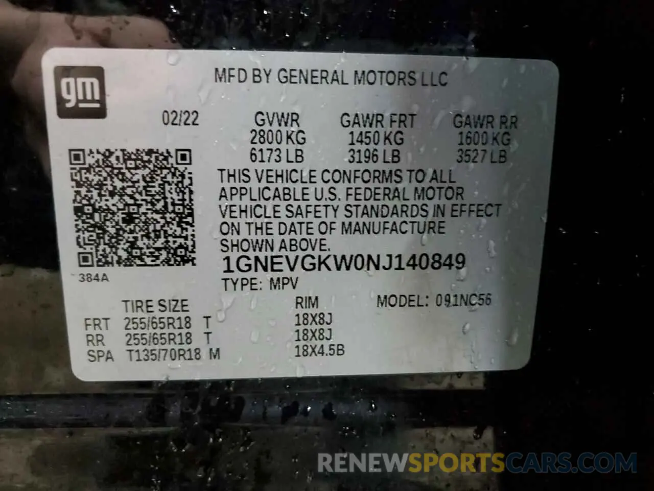 14 Photograph of a damaged car 1GNEVGKW0NJ140849 CHEVROLET TRAVERSE 2022