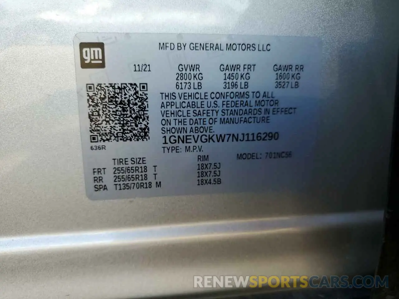 13 Photograph of a damaged car 1GNEVGKW7NJ116290 CHEVROLET TRAVERSE 2022
