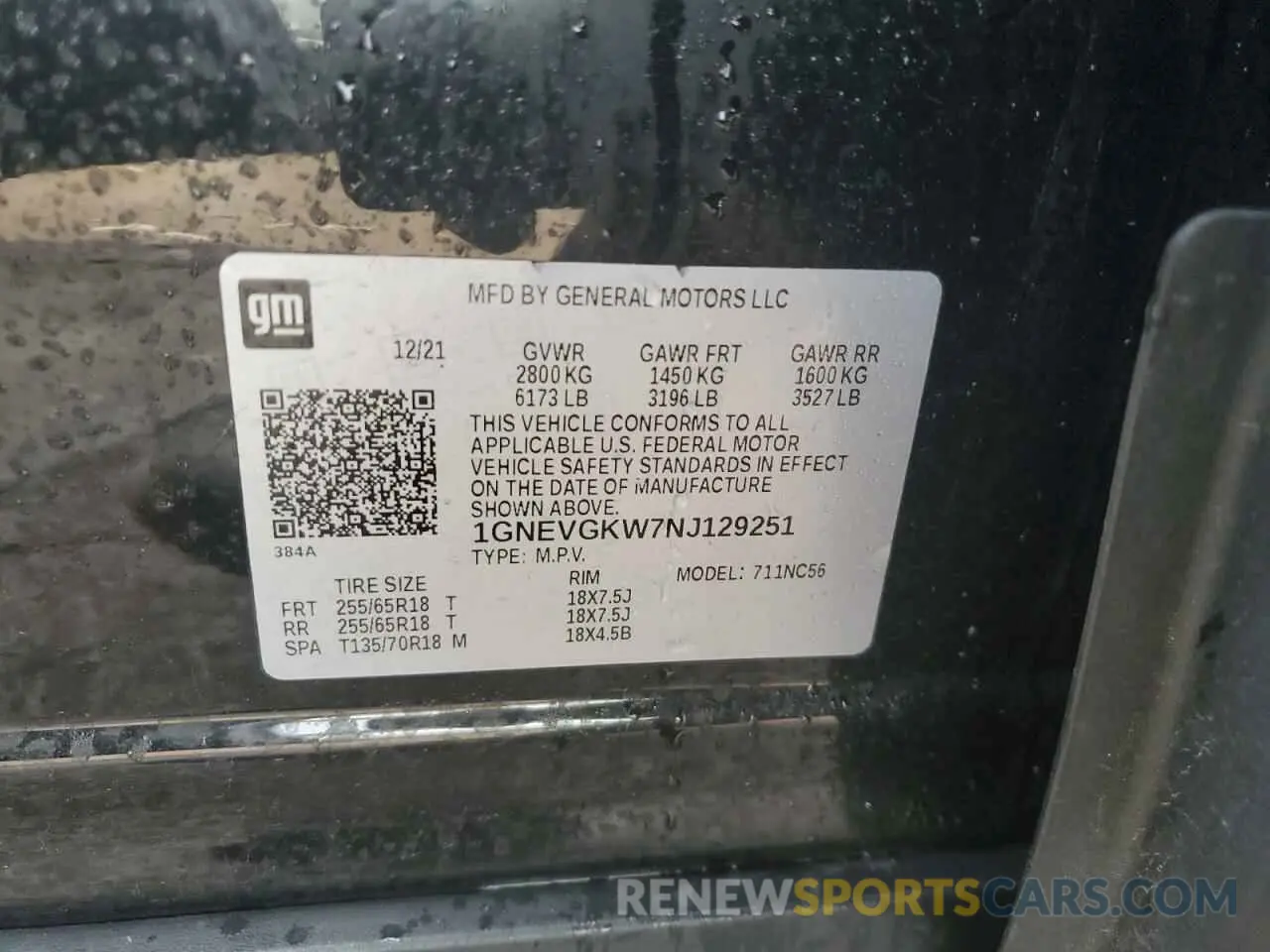 13 Photograph of a damaged car 1GNEVGKW7NJ129251 CHEVROLET TRAVERSE 2022