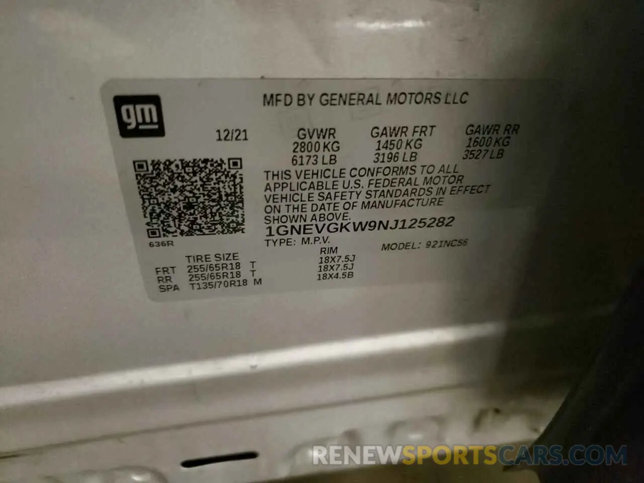 15 Photograph of a damaged car 1GNEVGKW9NJ125282 CHEVROLET TRAVERSE 2022