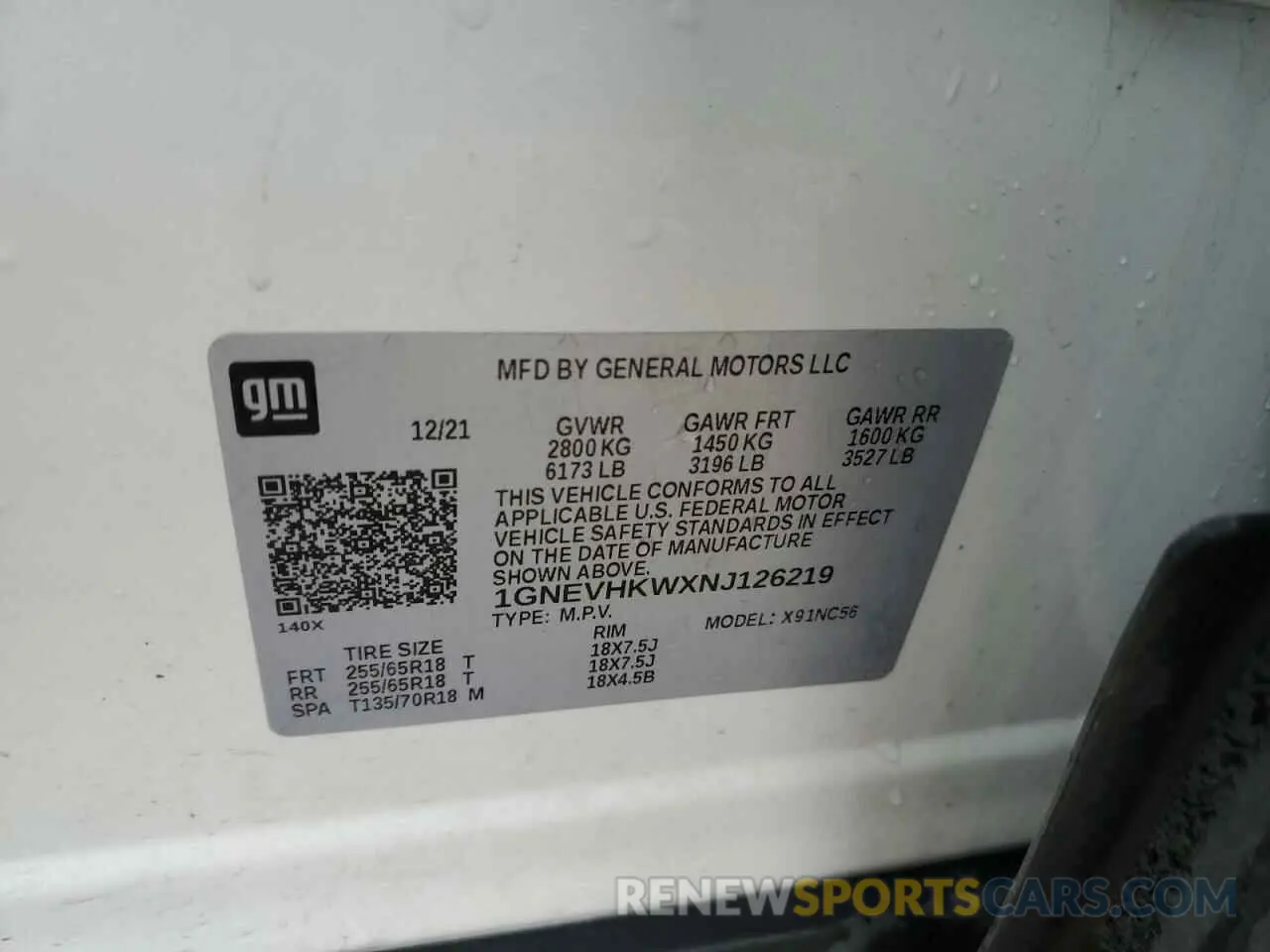 13 Photograph of a damaged car 1GNEVHKWXNJ126219 CHEVROLET TRAVERSE 2022
