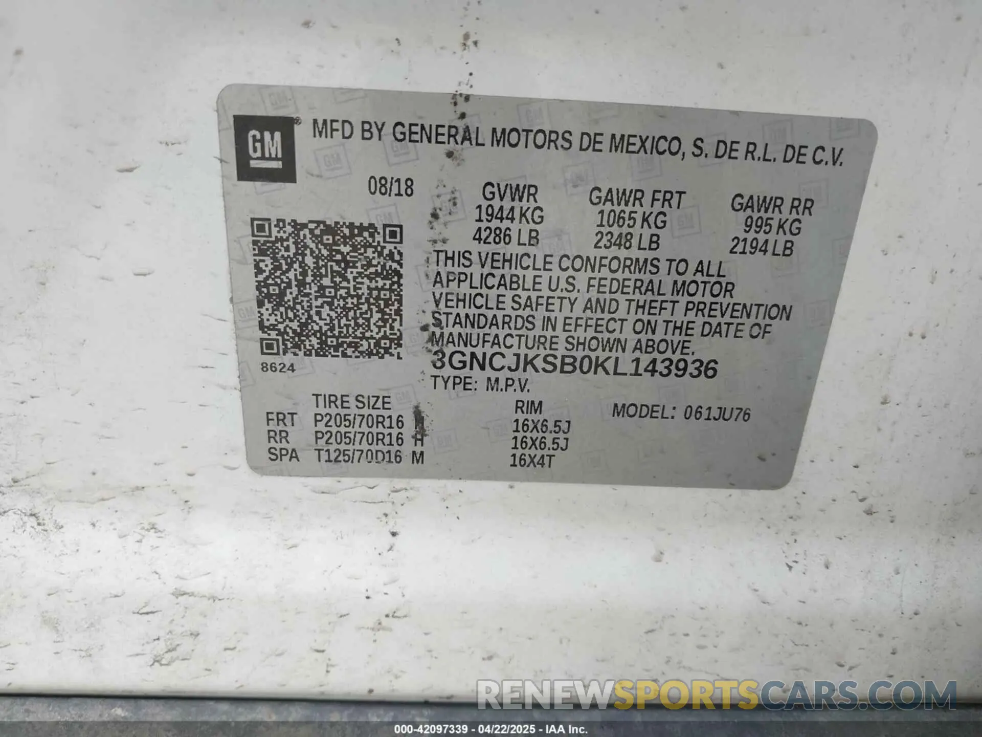 9 Photograph of a damaged car 3GNCJKSB0KL143936 CHEVROLET TRAX 2019