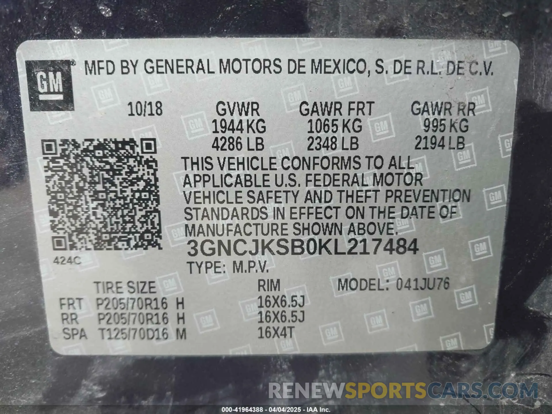 9 Photograph of a damaged car 3GNCJKSB0KL217484 CHEVROLET TRAX 2019