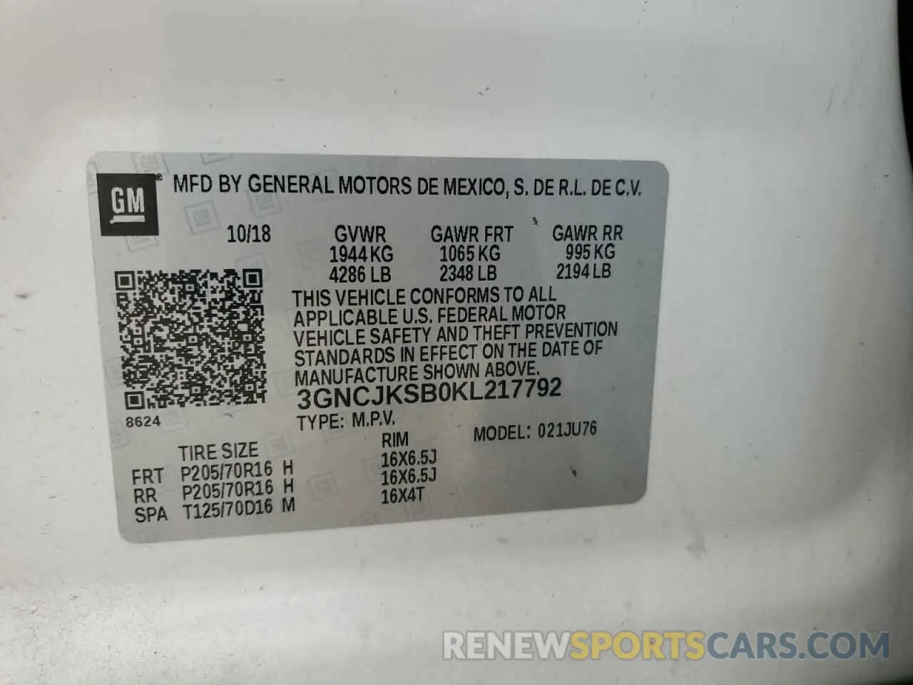 13 Photograph of a damaged car 3GNCJKSB0KL217792 CHEVROLET TRAX 2019