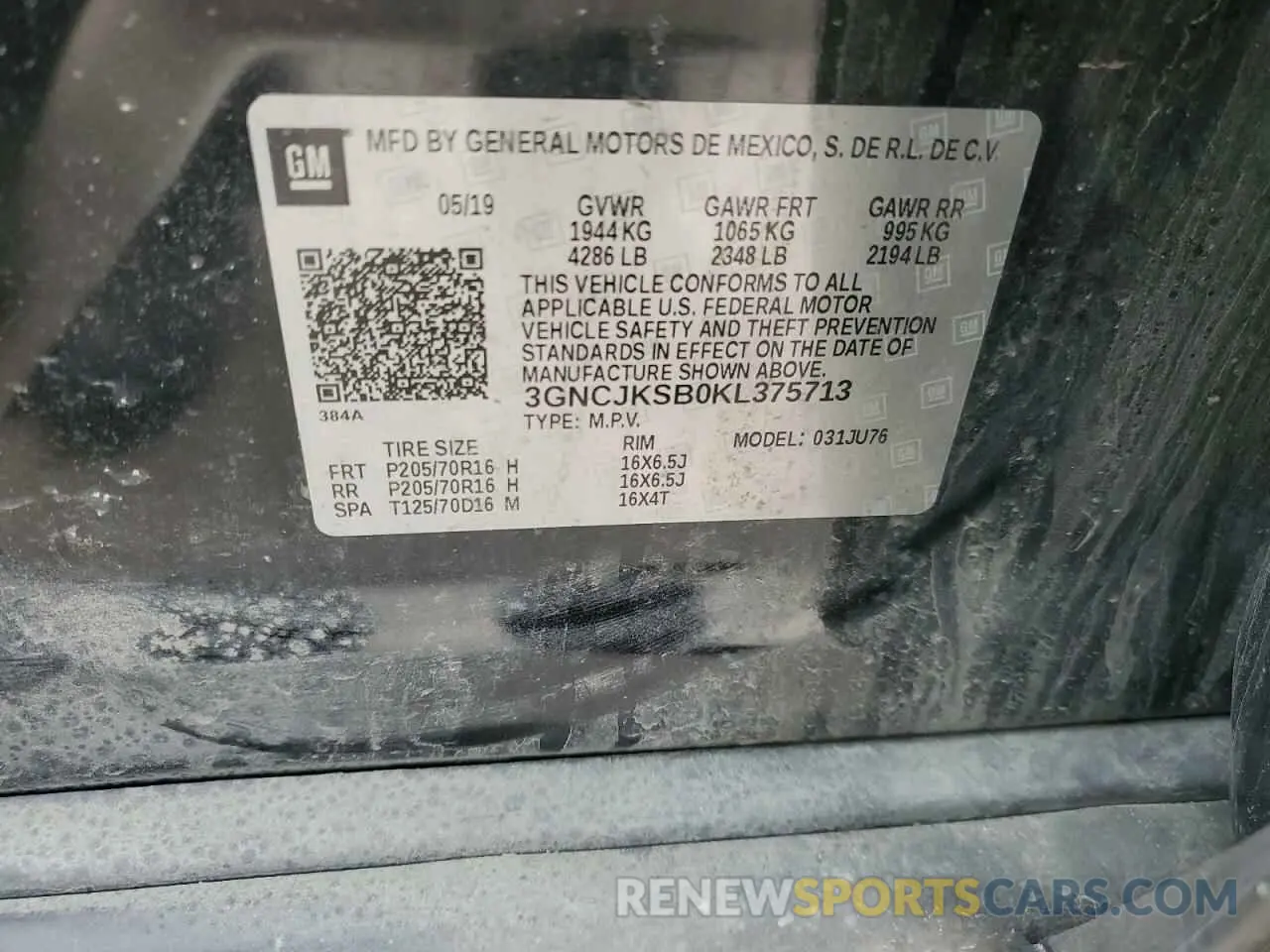 13 Photograph of a damaged car 3GNCJKSB0KL375713 CHEVROLET TRAX 2019