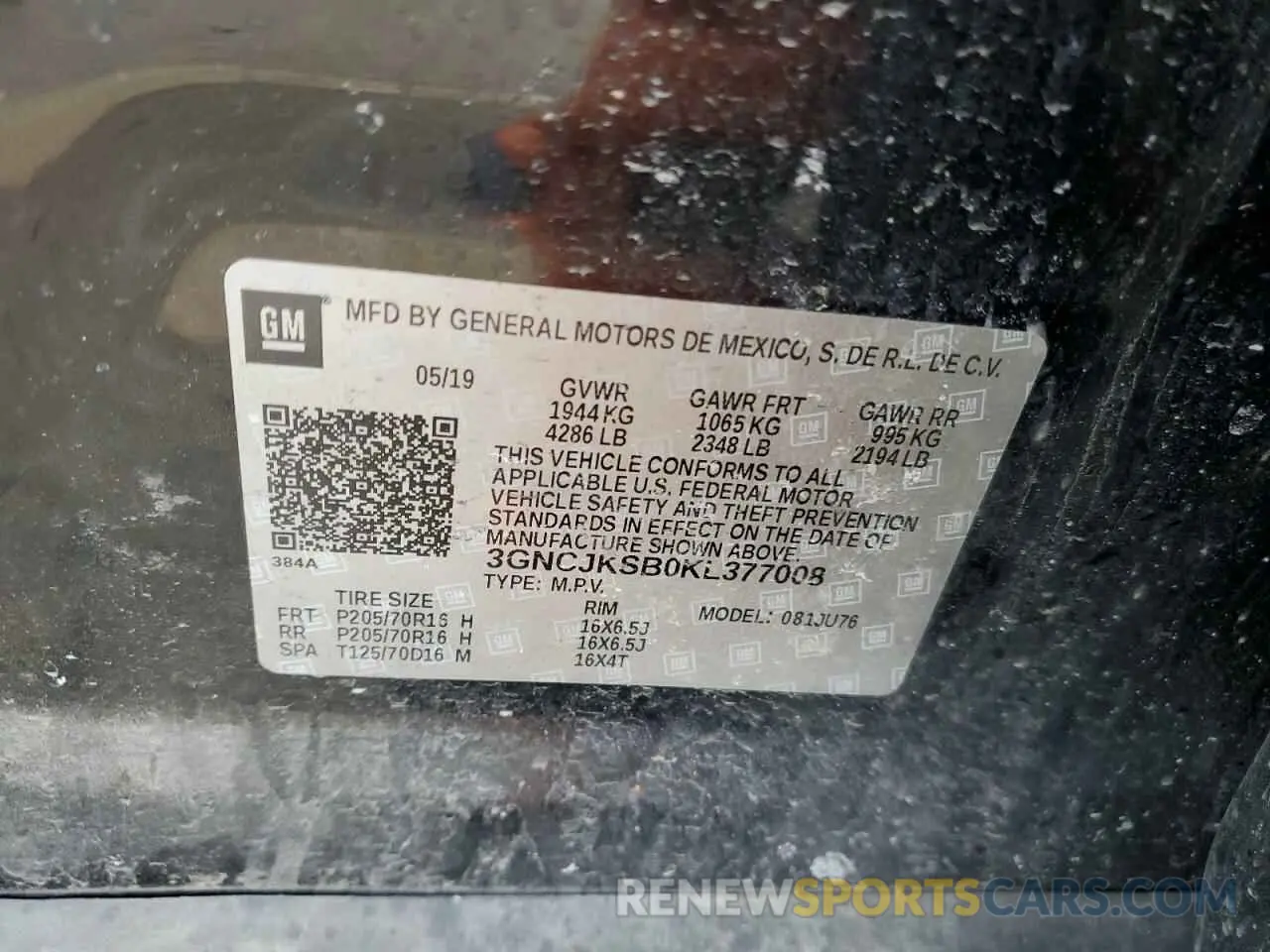 13 Photograph of a damaged car 3GNCJKSB0KL377008 CHEVROLET TRAX 2019