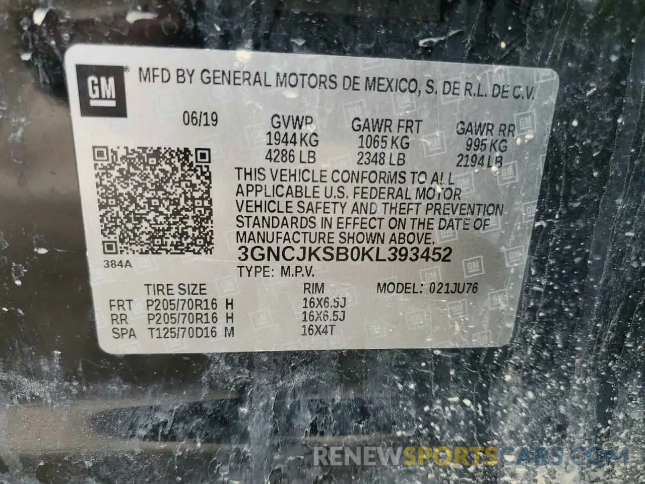 14 Photograph of a damaged car 3GNCJKSB0KL393452 CHEVROLET TRAX 2019
