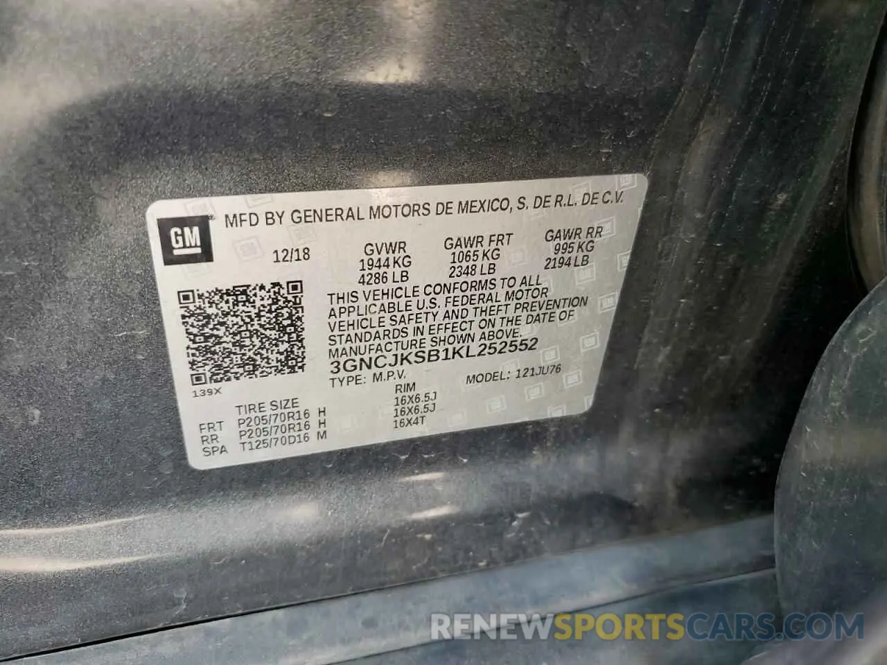 13 Photograph of a damaged car 3GNCJKSB1KL252552 CHEVROLET TRAX 2019