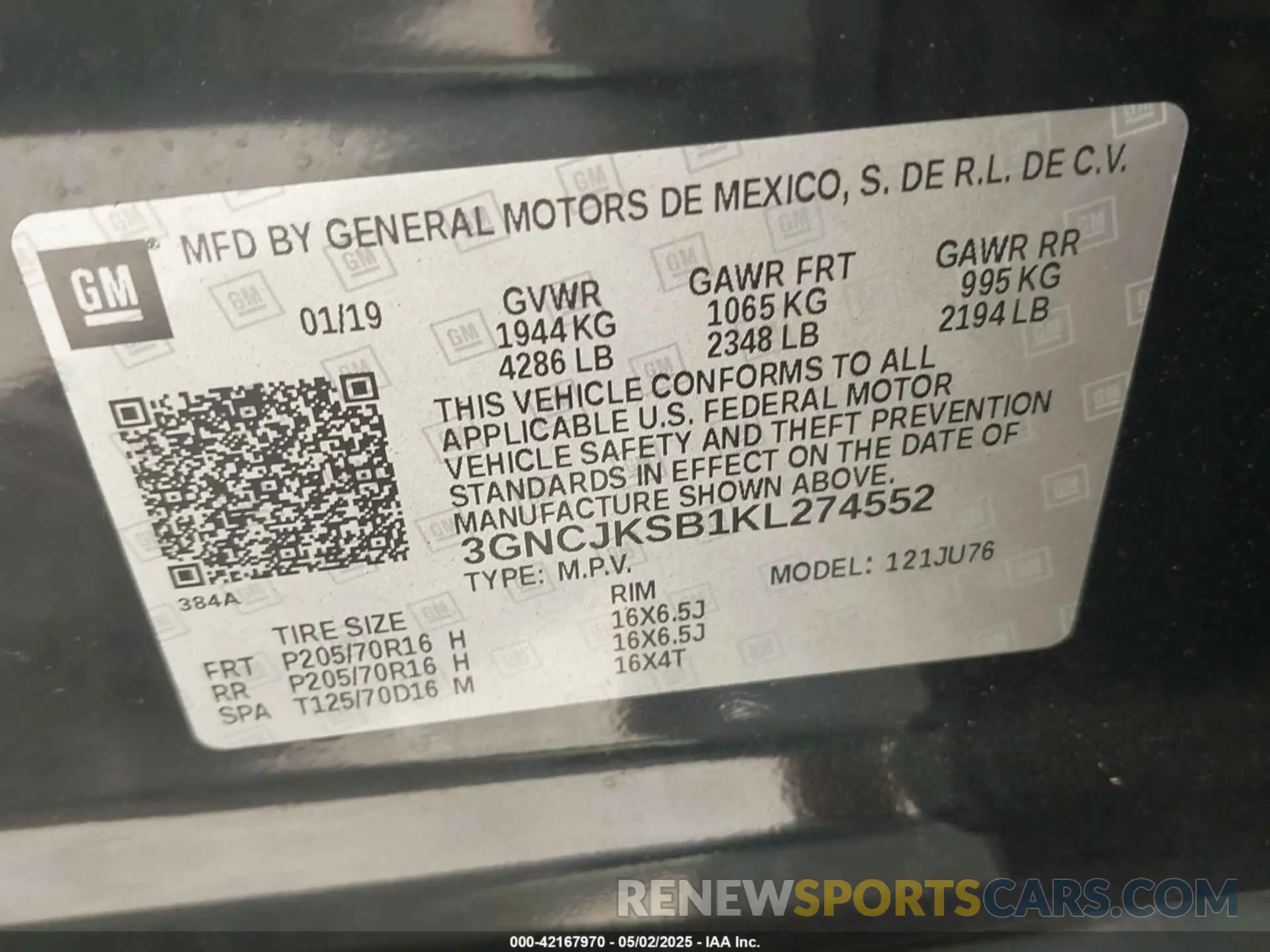 9 Photograph of a damaged car 3GNCJKSB1KL274552 CHEVROLET TRAX 2019