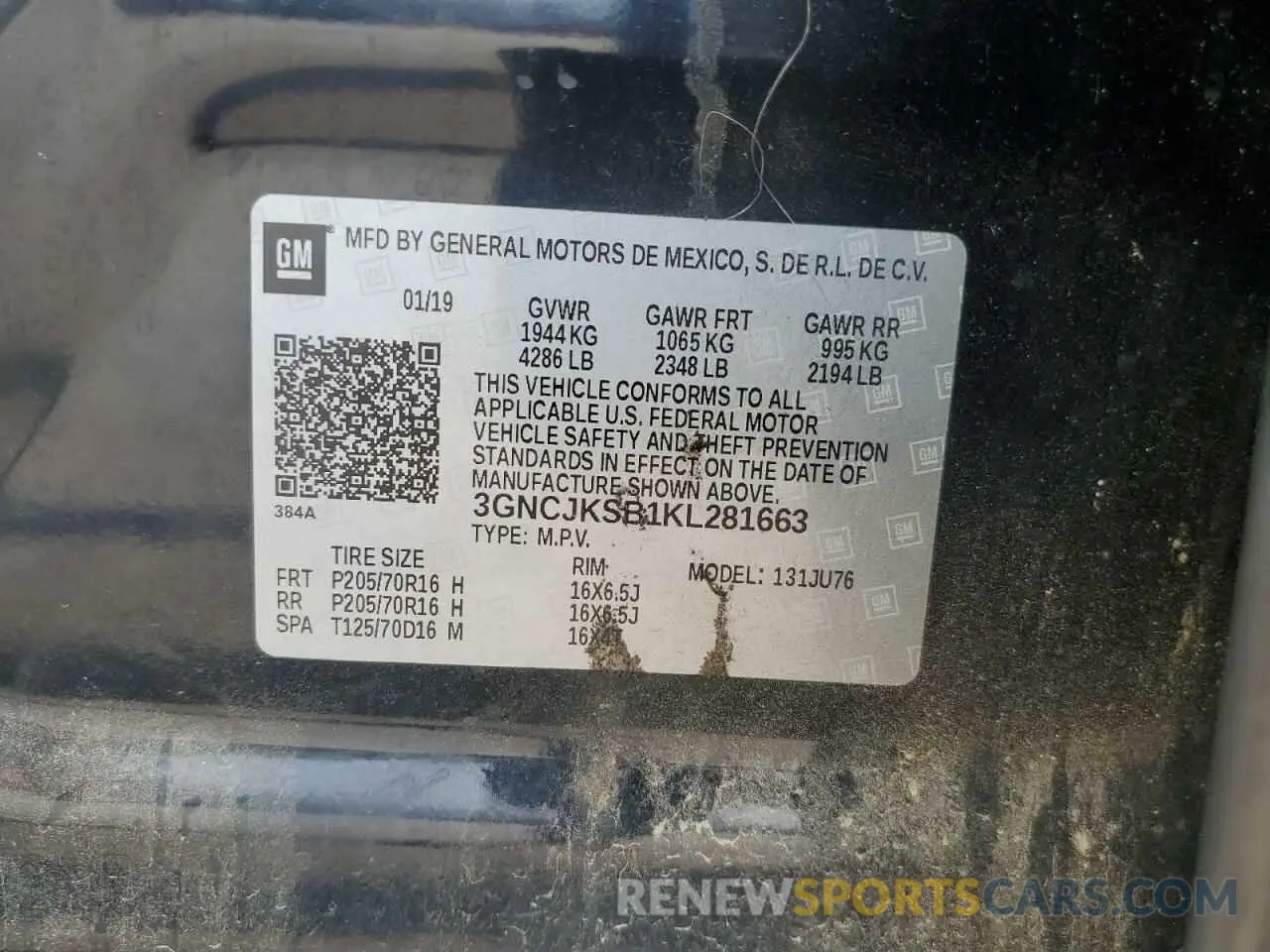 15 Photograph of a damaged car 3GNCJKSB1KL281663 CHEVROLET TRAX 2019
