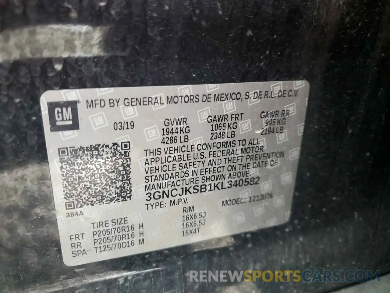 13 Photograph of a damaged car 3GNCJKSB1KL340582 CHEVROLET TRAX 2019
