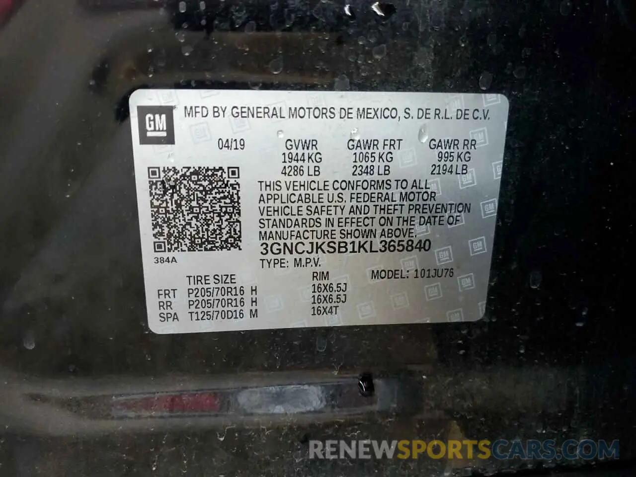 13 Photograph of a damaged car 3GNCJKSB1KL365840 CHEVROLET TRAX 2019