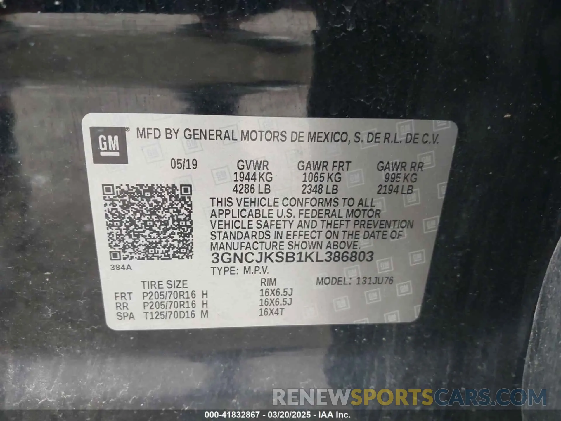 9 Photograph of a damaged car 3GNCJKSB1KL386803 CHEVROLET TRAX 2019
