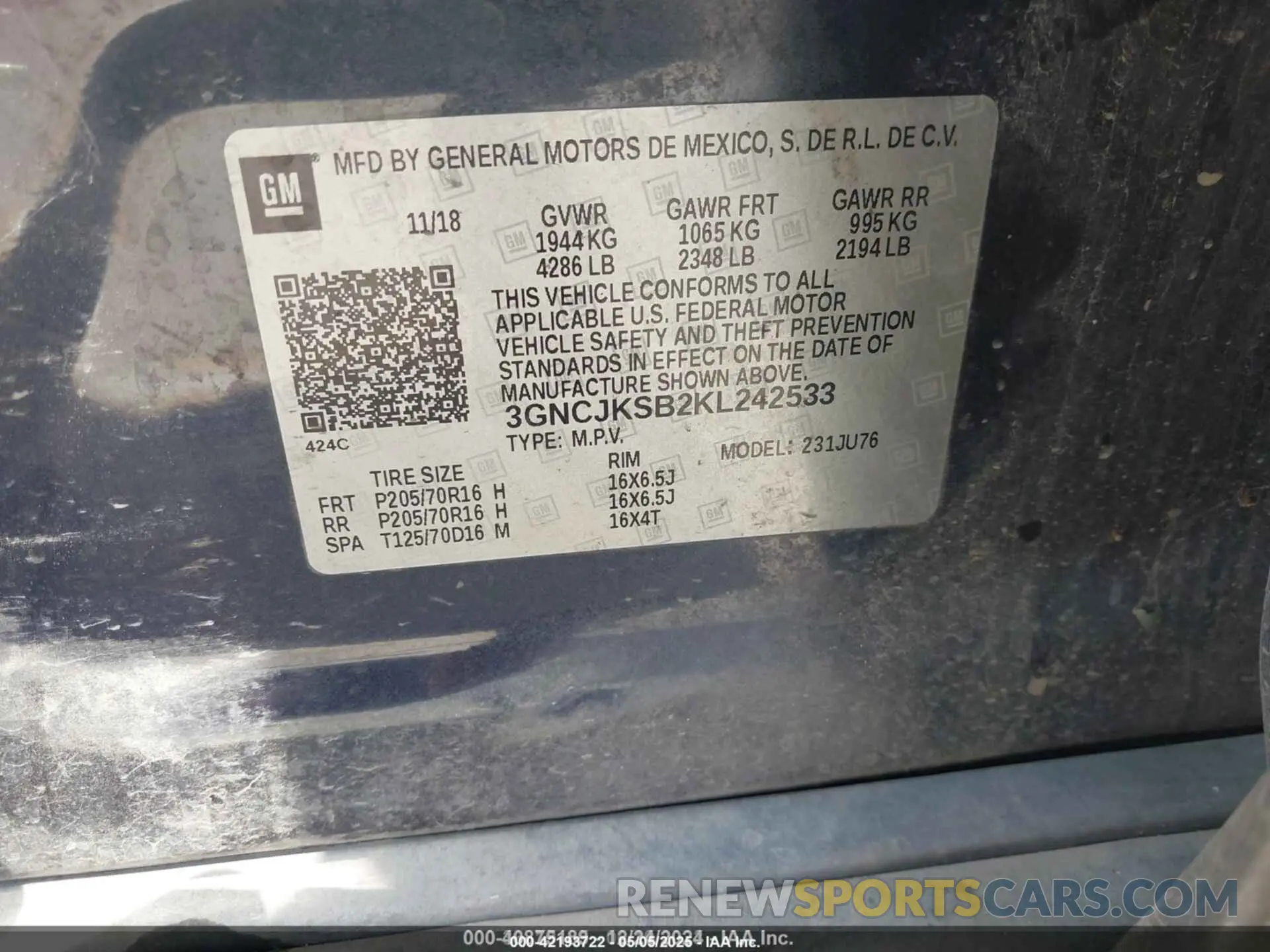 9 Photograph of a damaged car 3GNCJKSB2KL242533 CHEVROLET TRAX 2019