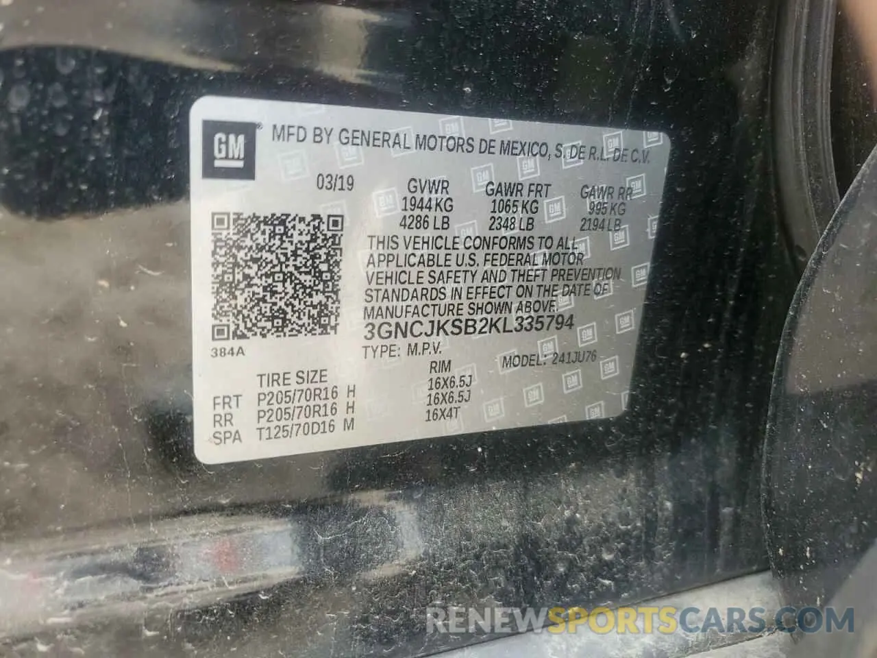 13 Photograph of a damaged car 3GNCJKSB2KL335794 CHEVROLET TRAX 2019