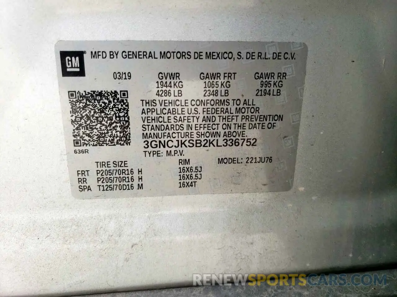13 Photograph of a damaged car 3GNCJKSB2KL336752 CHEVROLET TRAX 2019