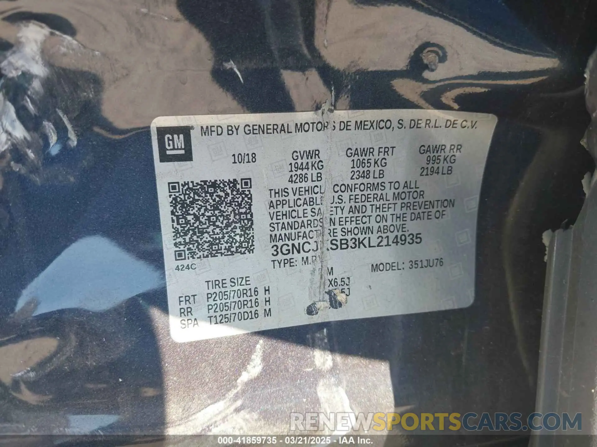 9 Photograph of a damaged car 3GNCJKSB3KL214935 CHEVROLET TRAX 2019
